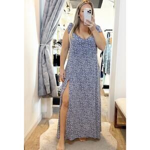 Showpo Sweetheart Neckline Ditsy Floral Slit Flutter Cap Sleeve Maxi Dress Blue